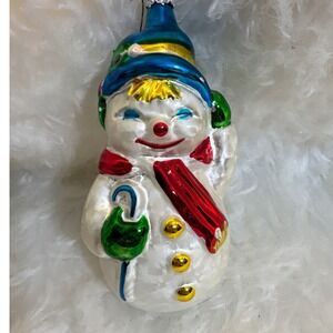 Radko Vintage Glass Snowman Christmas Ornament Blue Hat Red Scarf 5 Inch